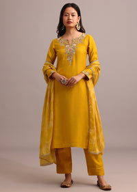 Yellow Embroidered Kurta Pant Set With Organza Dupatta