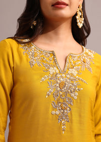 Yellow Embroidered Kurta Pant Set With Organza Dupatta