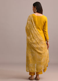 Yellow Embroidered Kurta Pant Set With Organza Dupatta