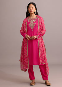 Pink Embroidered Kurta Pant Set With Organza Dupatta