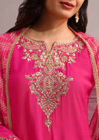 Pink Embroidered Kurta Pant Set With Organza Dupatta