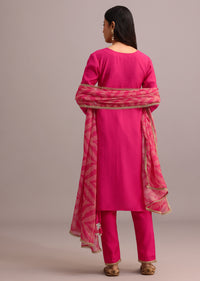 Pink Embroidered Kurta Pant Set With Organza Dupatta