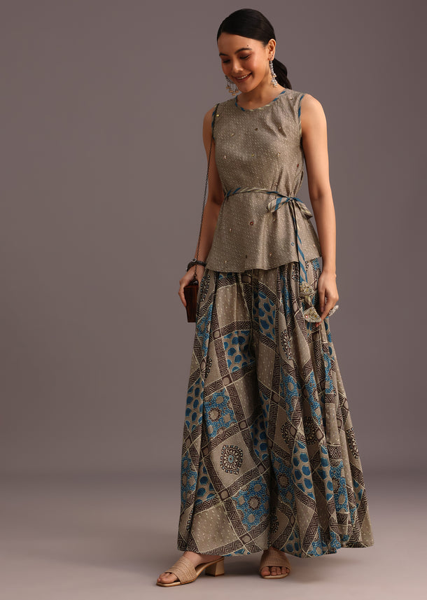 Grey Printed Kurti Palazzo Set