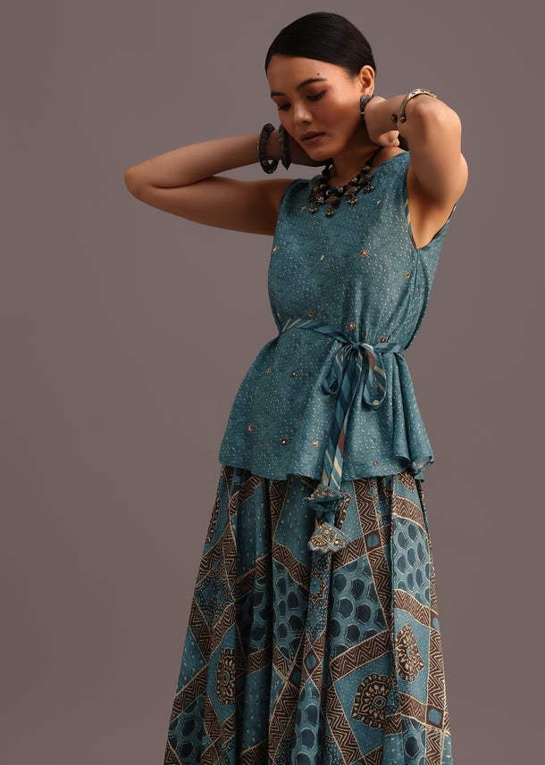 Blue Printed Kurti Palazzo Set With Embroidery