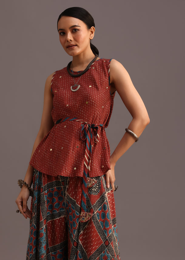 Red Printed Kurti Palazzo Set With Embroidery