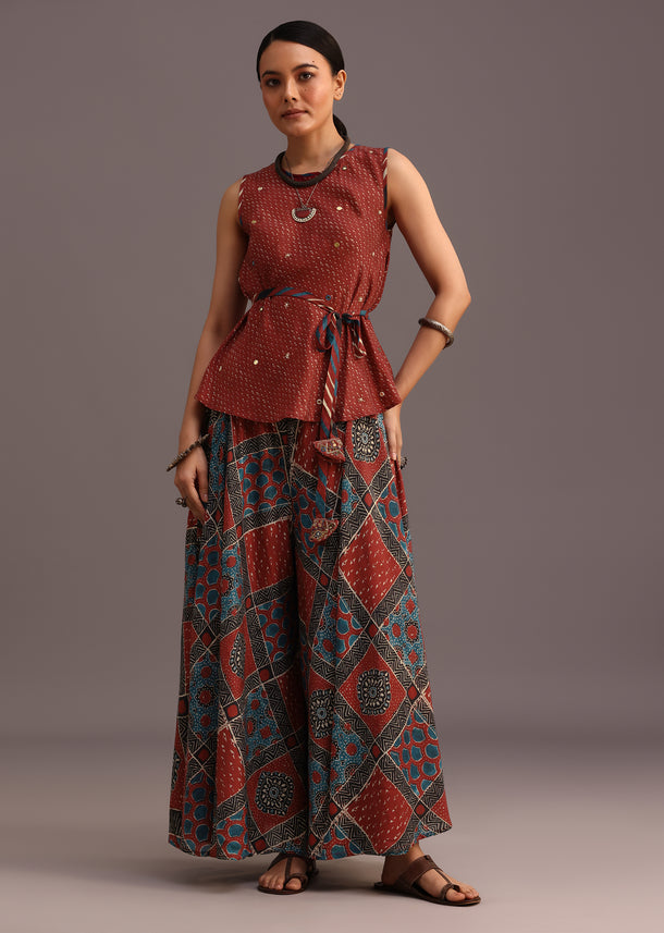 Red Printed Kurti Palazzo Set With Embroidery