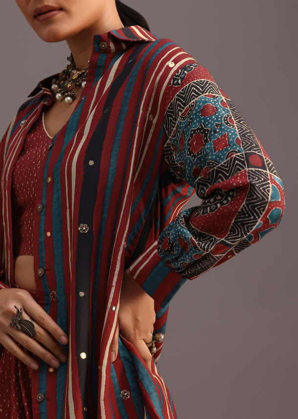 Red Ajrakh Printed Shirt And Croptop With Draped Skirt