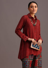 Red Printed Shirt And Pant With Embroidery