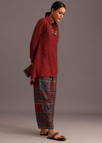 Red Printed Shirt And Pant With Embroidery