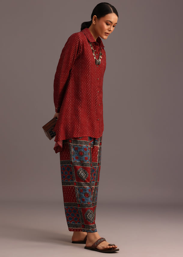 Red Printed Shirt And Pant With Embroidery