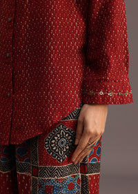 Red Printed Shirt And Pant With Embroidery