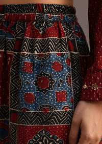 Red Printed Shirt And Pant With Embroidery