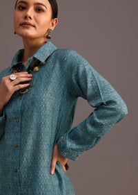 Blue Printed Shirt And Pant With Embroidery