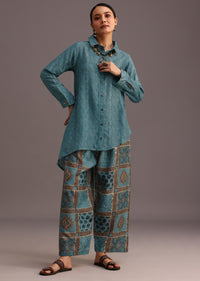 Blue Printed Shirt And Pant With Embroidery