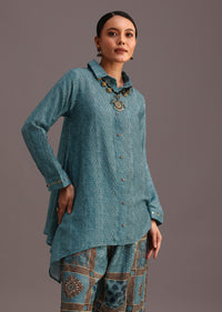 Blue Printed Shirt And Pant With Embroidery