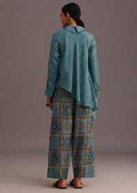 Blue Printed Shirt And Pant With Embroidery