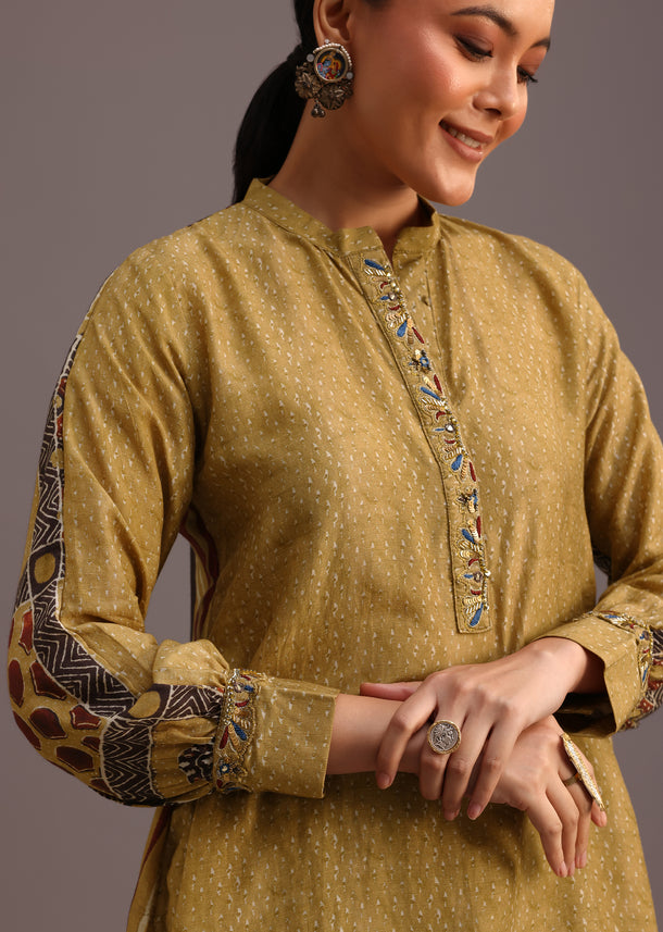 Mehendi Green Ajrakh Printed Kurti With Palazzo Set