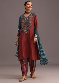 Red Ajrakh Printed Kurti With Stripe Print Salwar