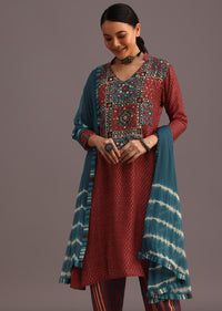 Red Ajrakh Printed Kurti With Stripe Print Salwar