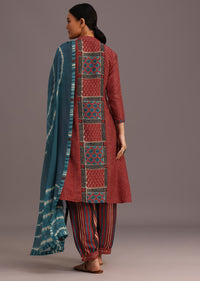 Red Ajrakh Printed Kurti With Stripe Print Salwar