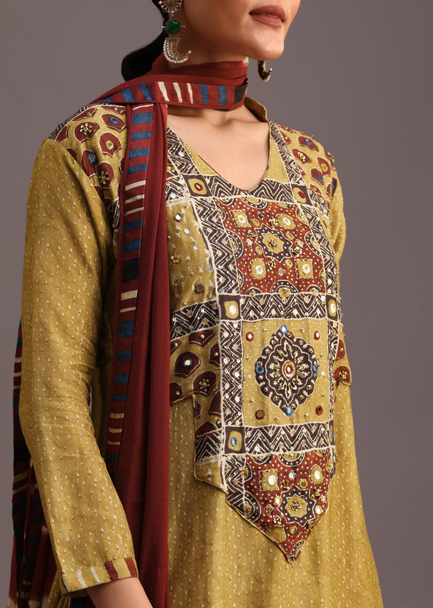 Yellow Ajrakh Printed Kurti With Stripe Printed Salwar