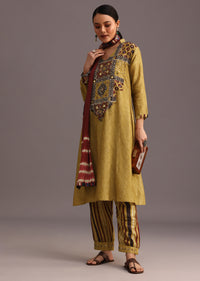 Yellow Ajrakh Printed Kurti With Stripe Printed Salwar