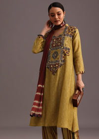 Yellow Ajrakh Printed Kurti With Stripe Printed Salwar