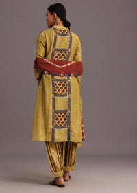 Yellow Ajrakh Printed Kurti With Stripe Printed Salwar