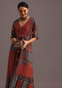 Red Printed Kurti Dress With Front Tie Up