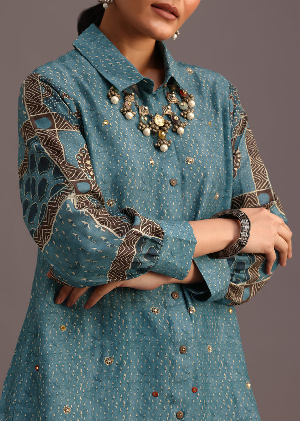 Blue Printed Shirt Palazzo Set With Embroidery