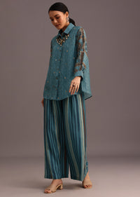 Blue Printed Shirt Palazzo Set With Embroidery