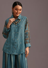 Blue Printed Shirt Palazzo Set With Embroidery