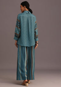 Blue Printed Shirt Palazzo Set With Embroidery