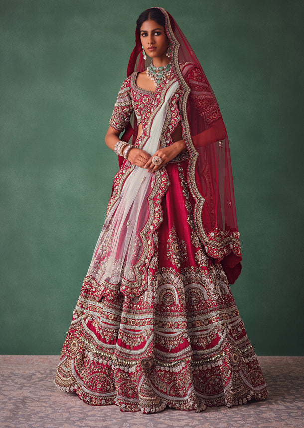 Dark Red Raw Silk Bridal Lehenga Set With Cutdana And Moti Work Dupatta