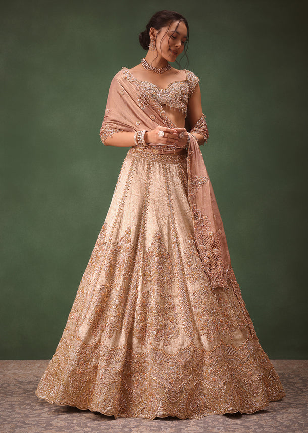 Peach Brocade Embroidered Bridal Lehenga With Two Dupattas