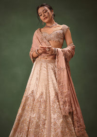 Peach Brocade Embroidered Bridal Lehenga With Two Dupattas