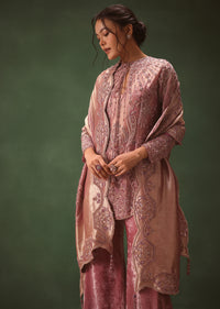 Lilac Embroidered Short Kurti Suit With Bell Bottom Pant