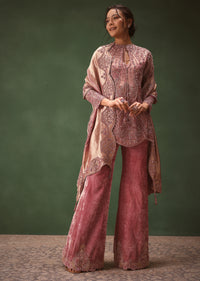 Lilac Embroidered Short Kurti Suit With Bell Bottom Pant