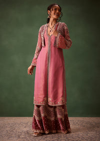 Mauve Straight Kurta With Embroidered Jacket And Bell Bottom Pants