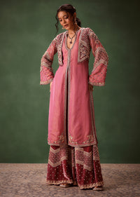 Mauve Straight Kurta With Embroidered Jacket And Bell Bottom Pants