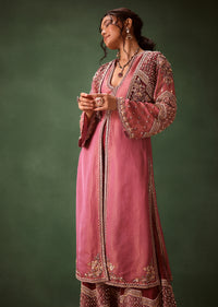 Mauve Straight Kurta With Embroidered Jacket And Bell Bottom Pants