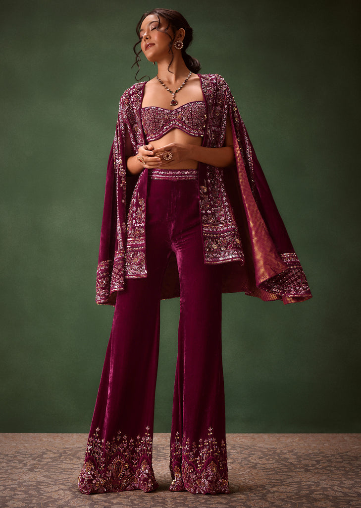 Deep Magenta Velvet Brocade Cape Jacket Suit