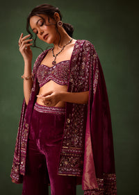 Deep Magenta Velvet Brocade Cape Jacket Suit