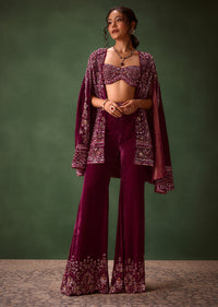 Deep Magenta Velvet Brocade Cape Jacket Suit