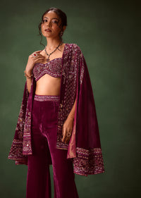 Deep Magenta Velvet Brocade Cape Jacket Suit