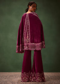 Deep Magenta Velvet Brocade Cape Jacket Suit