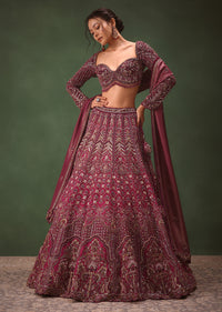 Magenta Embroidered Bridal Lehenga With Full Sleeves Blouse And Dupatta