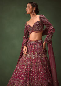 Magenta Embroidered Bridal Lehenga With Full Sleeves Blouse And Dupatta