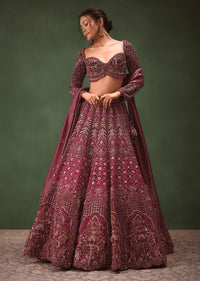 Magenta Embroidered Bridal Lehenga With Full Sleeves Blouse And Dupatta