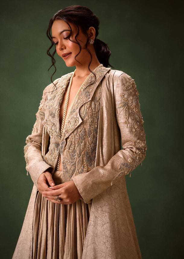 Gold Brocade Jacket And Rushing Skirt Suit